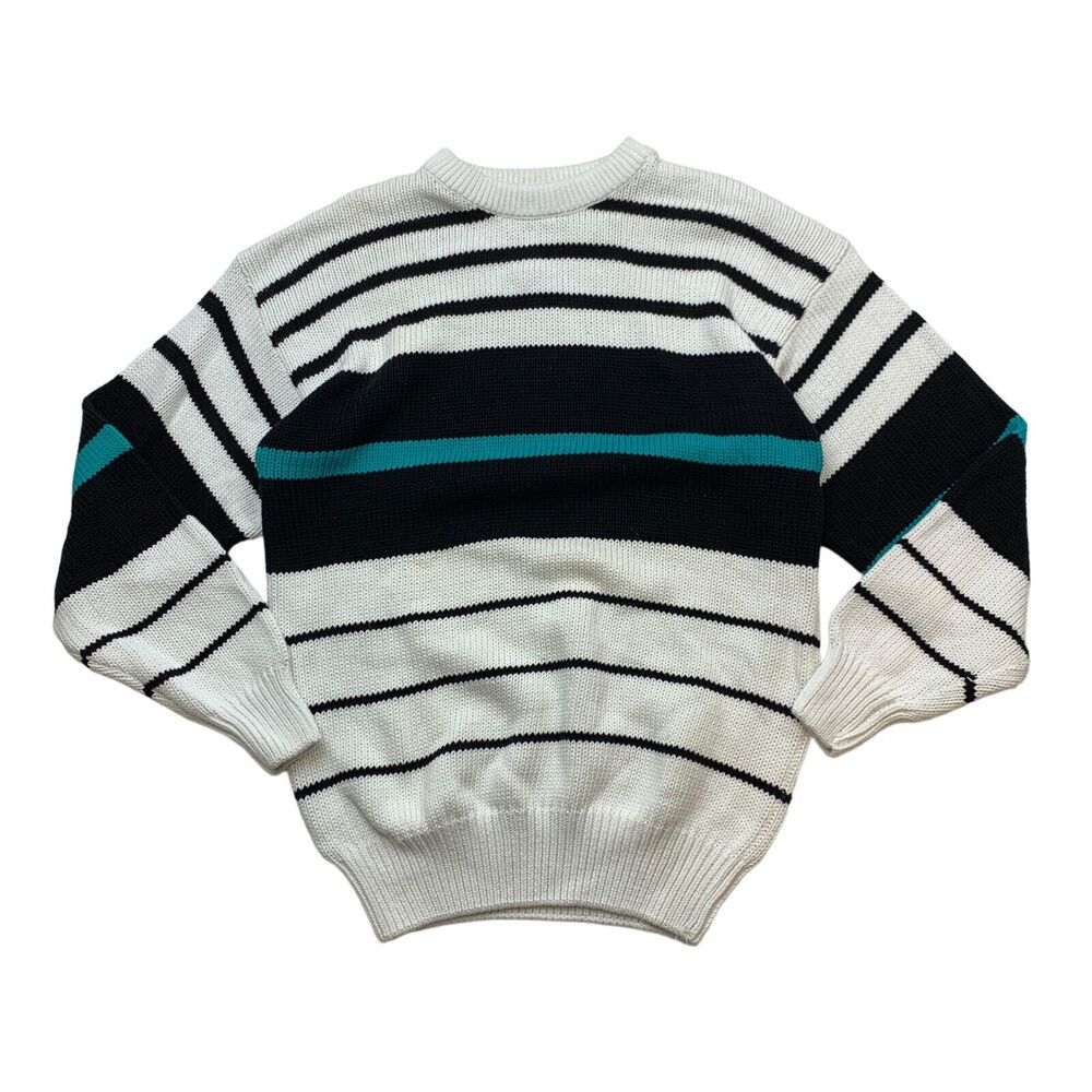 American Weekend Sweater Mens XL Extra Large White Striped Ribbed Trim Crew Neck